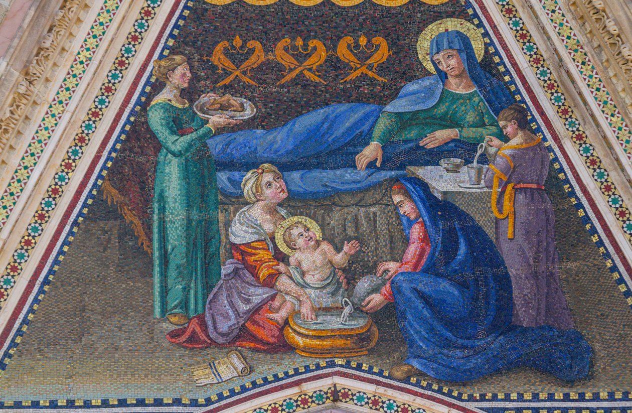 Geburt Mariens, Mosaik, Giebel des Seiteneingangs, Fassade des Doms von Orvieto, Umbrien von Italian School