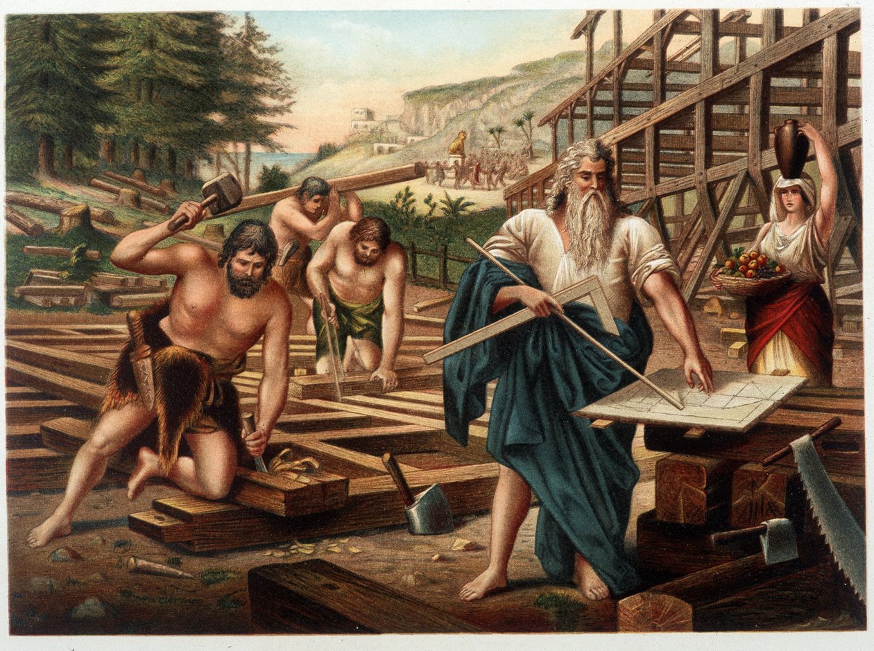 Noah und seine Familie bauen die Arche (Noah betrachtet den Bauplan) - in „Aurea Bibbia classica: storia della rivelazione divina nell