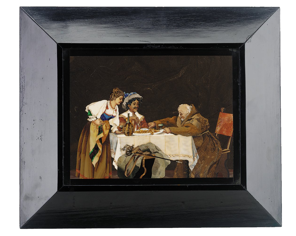 Tafel, die einen Kavalier und einen Mönch an einem Esstisch mit einer Dame zeigt, Menegatti, Florenz, späte 19. Jahrhundert von Italian School