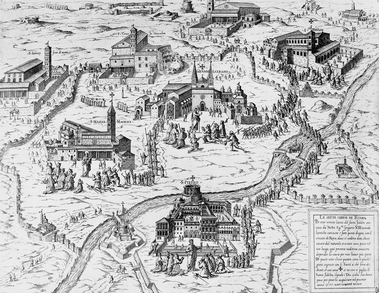 Pilger besuchen die Sieben Kirchen von Rom während des Heiligen Jahres 1575, Gravur, Italien von Italian School