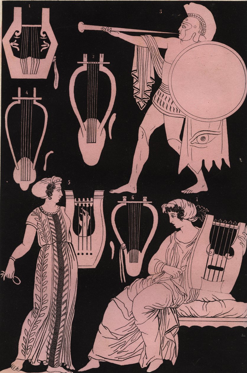 Pfeifen, Leiern und andere Musikinstrumente im antiken Griechenland - Antikes griechisches Musikinstrument - Gravur aus „Usi e Costumi di Tutti i Popoli dell