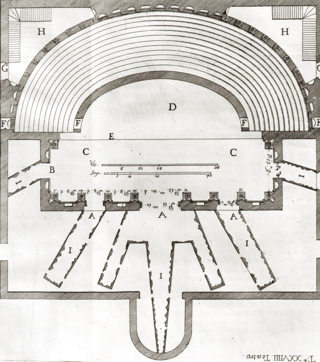Plan des Olympischen Theaters in Vicenza, entworfen von Andrea Palladio, gebaut 1580-85 von Italian School