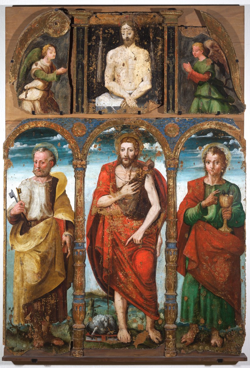 Polyptychon des Heiligen Johannes des Täufers mit dem Heiligen Petrus und dem Heiligen Johannes dem Evangelisten, erste Hälfte des 16. Jahrhunderts (Tempera auf Holztafel) von Italian School