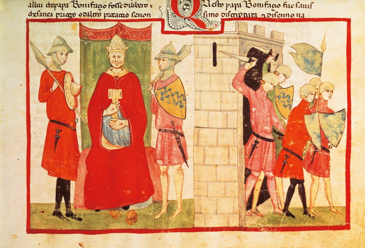 Papst Bonifatius VIII. in Anagni und die Vertreibung von Sciarra Colonna (Giacomo Colonna) aus der Stadt, Miniatur aus der Chronik von Giovanni Villani, Manuskript Chigi L VIII 296 folio 176 recto, Italien, 14. Jahrhundert von Italian School
