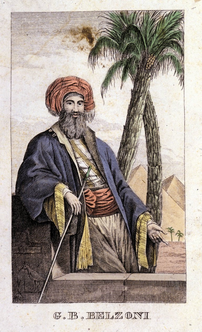 Porträt von Giovanni Battista (Gianbattista) Belzoni (1778-1823), italienischer Entdecker und Archäologe, der wichtige archäologische Entdeckungen in Ägypten machte. Gravur - in „Viaggio in Egitto e in Nubia“ von Belzoni, Mailand von Italian School