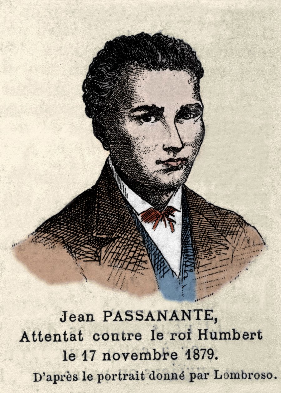 Porträt von Giovanni Passannante (1849-1910), der das Attentat auf den italienischen König Umberto I. in Neapel 1878 verübte, nach dem Porträt von Cesare Lombroso. Dieses Ereignis inspirierte den Dichter Giovanni Pascoli zu einer Ode. von Italian School