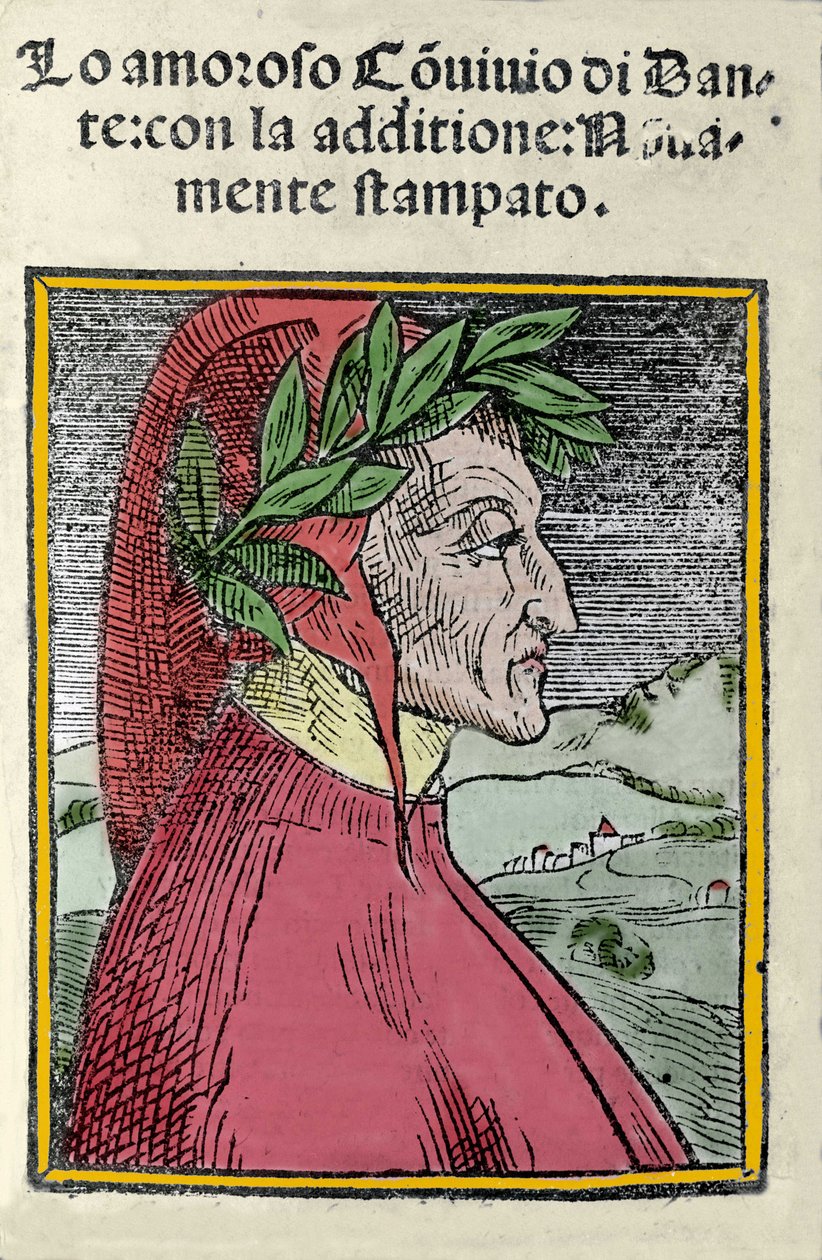 Porträt des italienischen Dichters Dante Alighieri (1265-1321). Gravur. Frontispiz von „Il convivio“ von 1554 von Italian School
