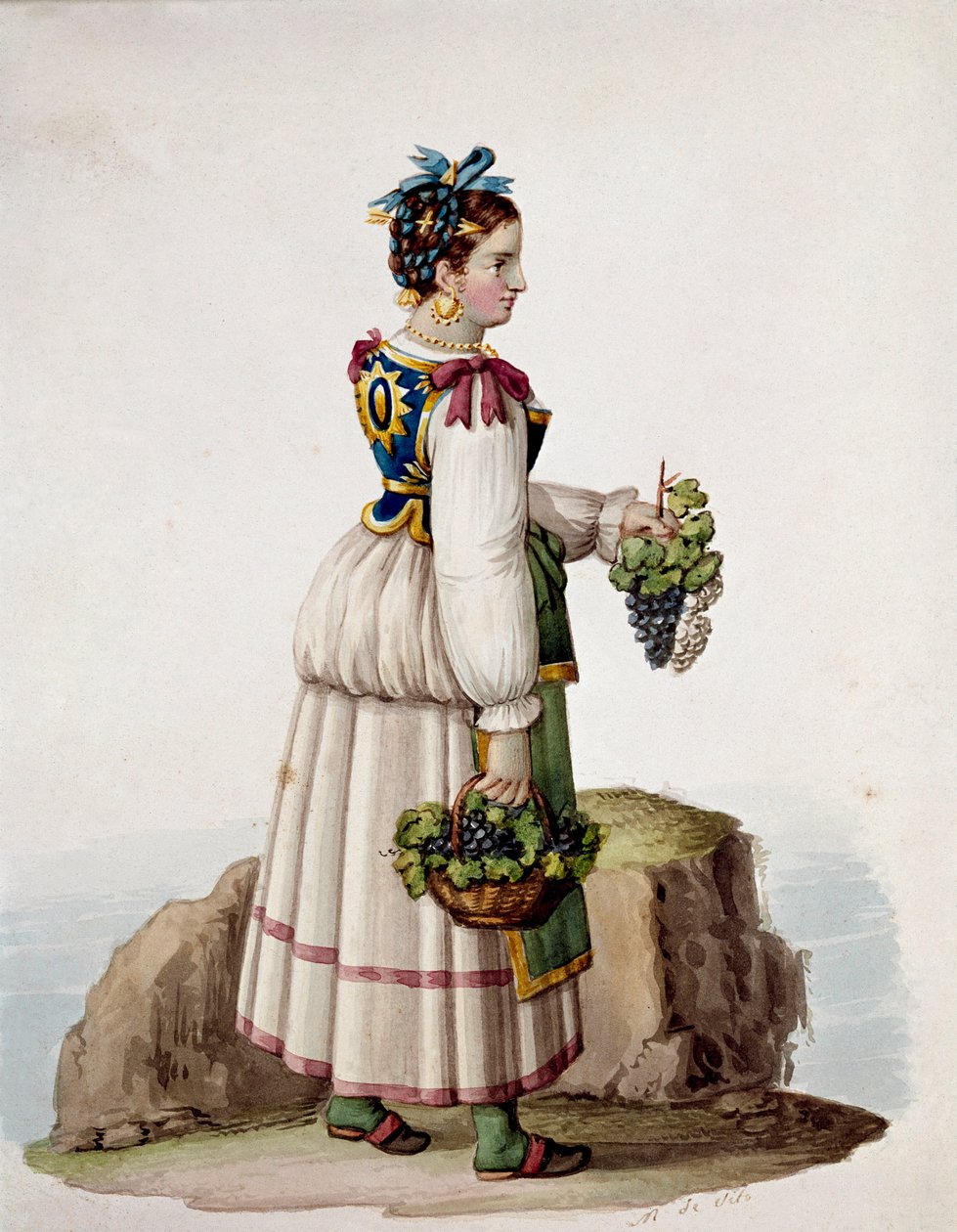 Porträt einer jungen Frau aus Capri in traditioneller Kleidung, Trauben haltend von Italian School