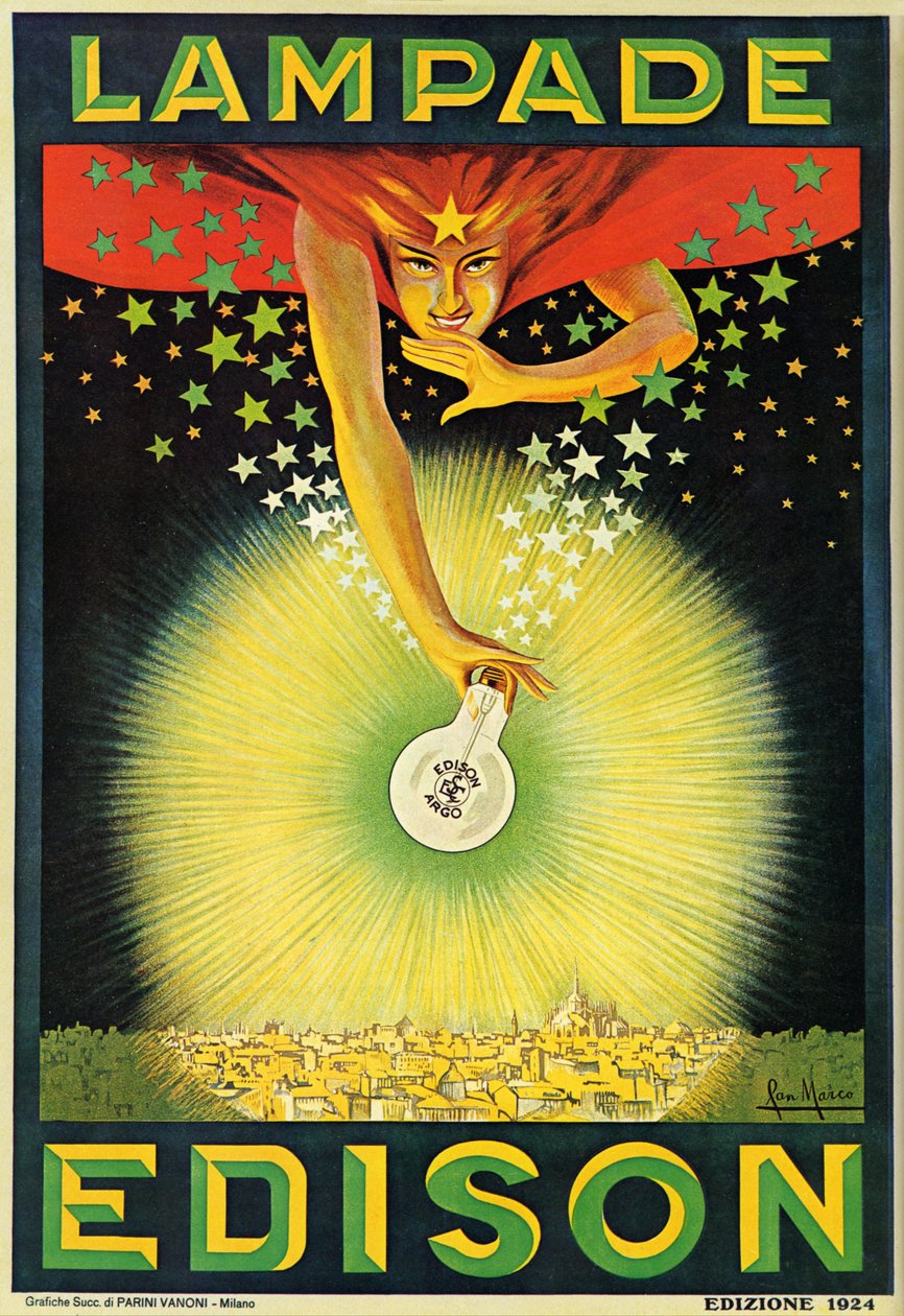 Poster zur Werbung für Edison-Glühbirnen, Mailand, Italien von Italian School