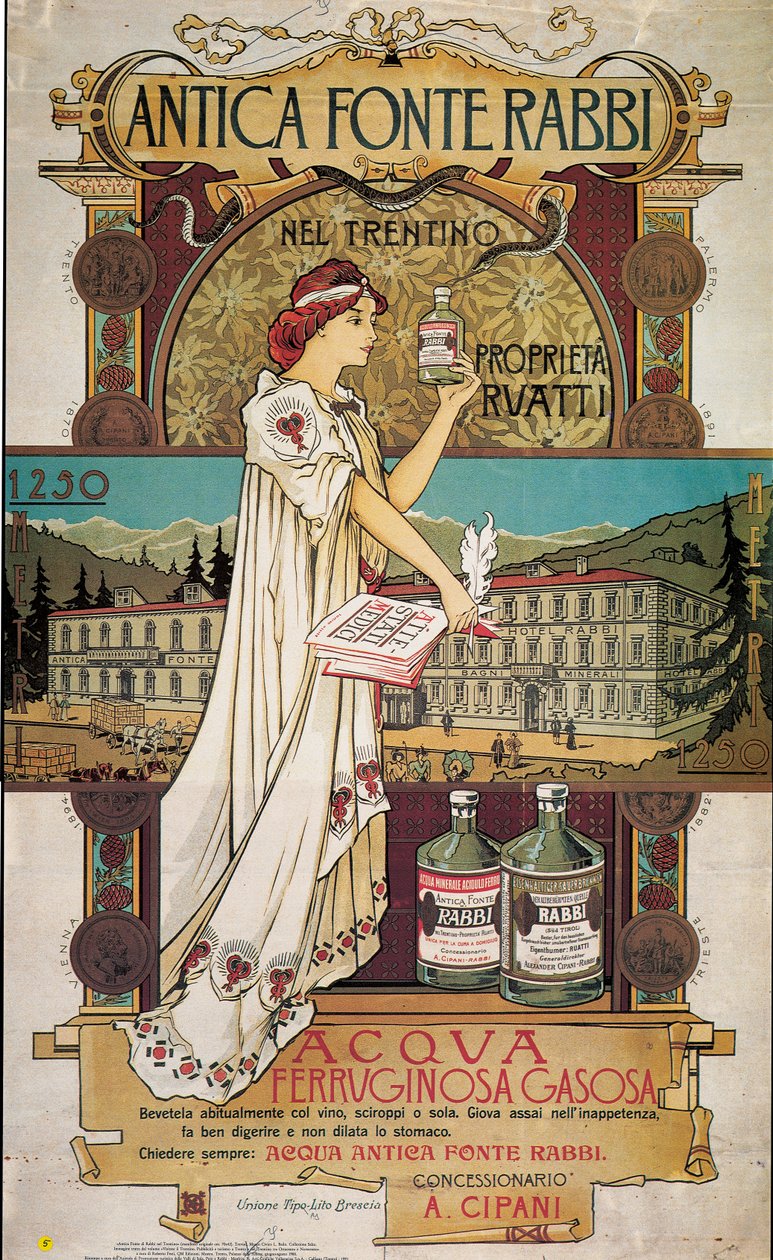 Plakat, das Heilwasser aus der Antica Fonte di Rabbi im Trentino bewirbt von Italian School