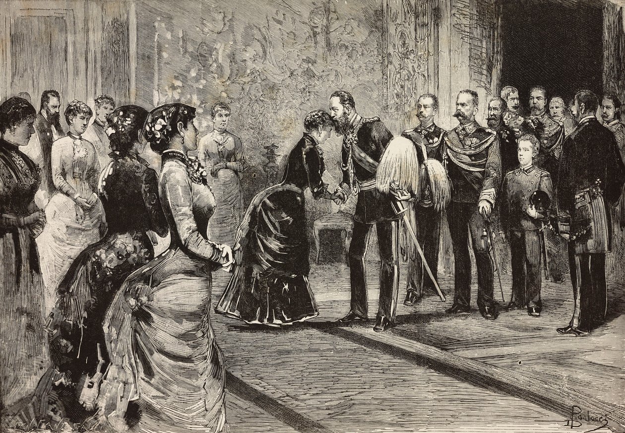 Königin Margherita und Umberto I. empfangen den Kronprinzen von Deutschland (zukünftiger Friedrich III.) im Quirinal, Rom, Italien, Gravur nach einer Zeichnung von Dante Paolocci, aus L