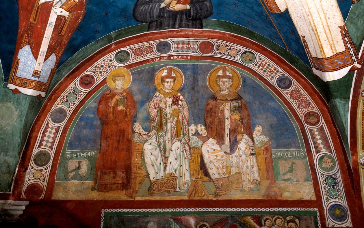 Darstellung von Saint Stephen, christlicher Märtyrer, Saint Thomas Becket (1118-1170), Erzbischof von Canterbury und Saint Nicholas von Myra oder Bari (270-345). Anonymes Fresko (13. Jahrhundert) Unterkirche. Kloster von Saint Benedetto (Sacro Speco), Subi von Italian School