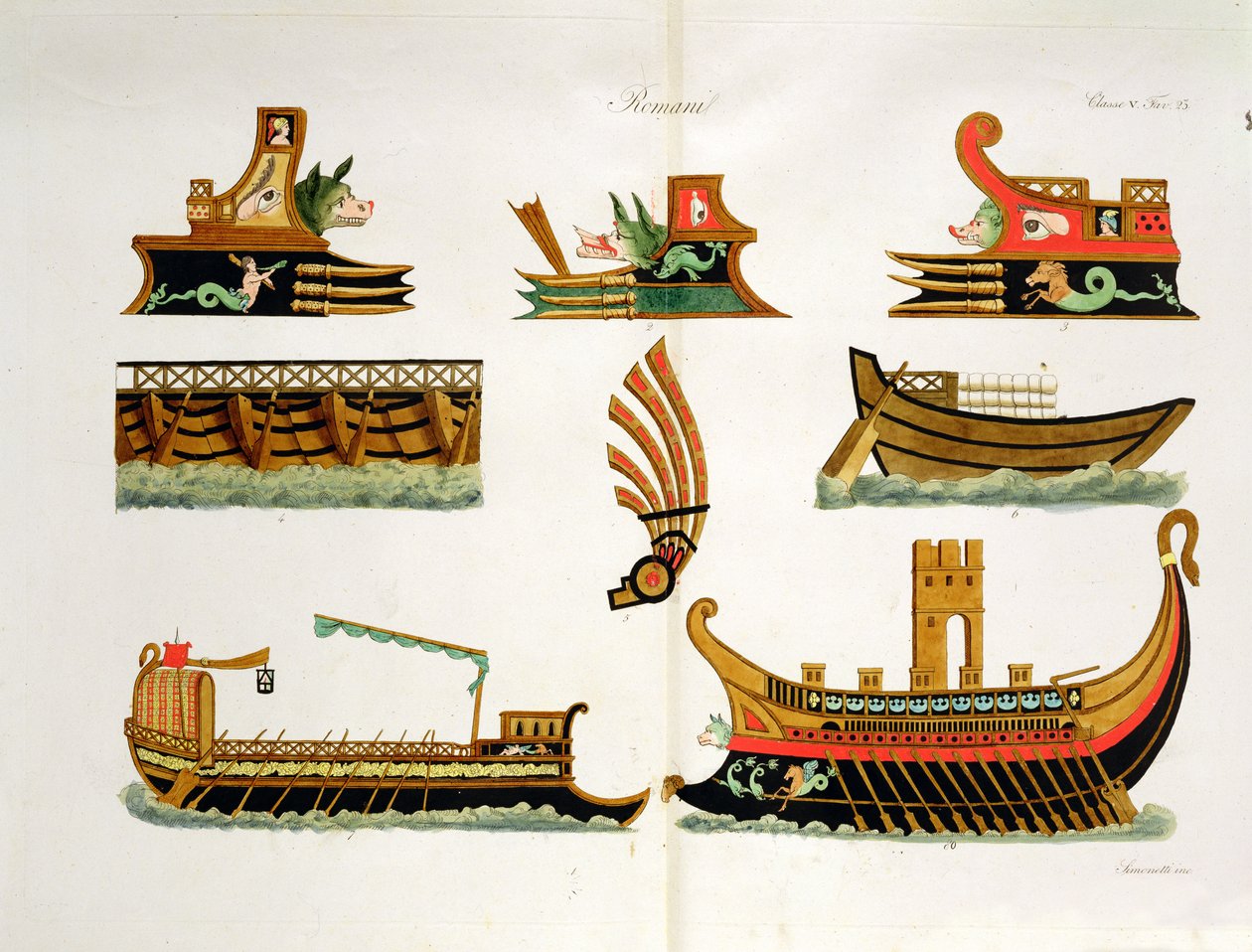 Römische Schiffe mit Details der Galionsfiguren, Tafel 23, Klasse 5 aus Teil I der Geschichte der Nationen, graviert von Simonetti von Italian School