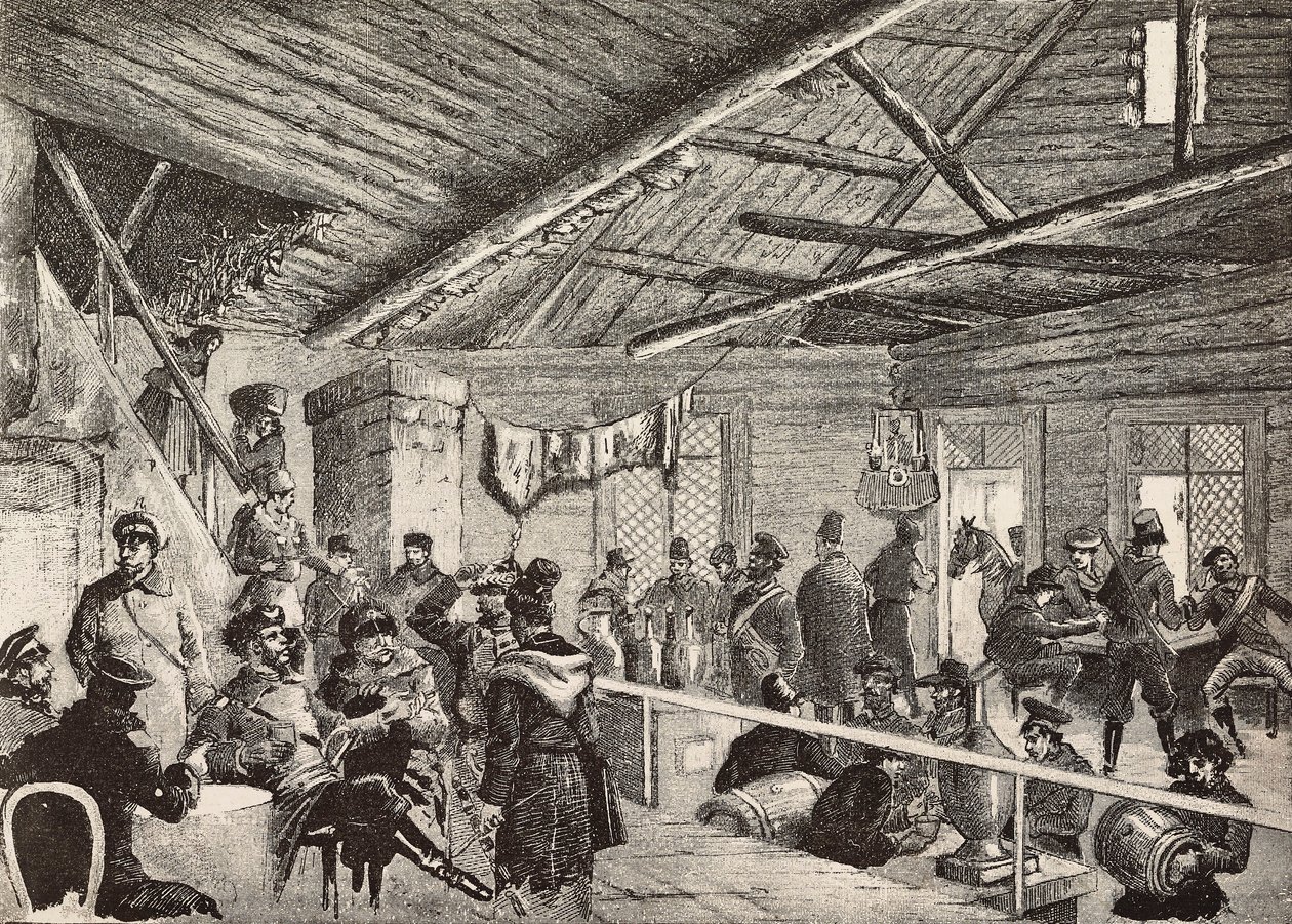 Russische Soldaten in einer Taverne nahe den Befestigungen von Warschau, Polen, Gravur nach Skizze von Fritzmann, aus L
