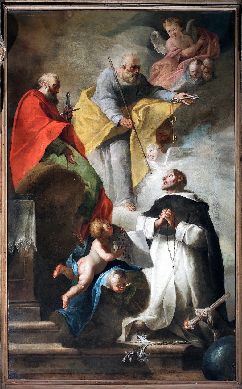 Der heilige Dominikus erhält den Pilgerstab und das Buch mit der Inschrift „Vade et predica“ aus den Händen der Heiligen Petrus und Paulus. Gemälde der venezianischen Schule des 18. Jahrhunderts von Italian School