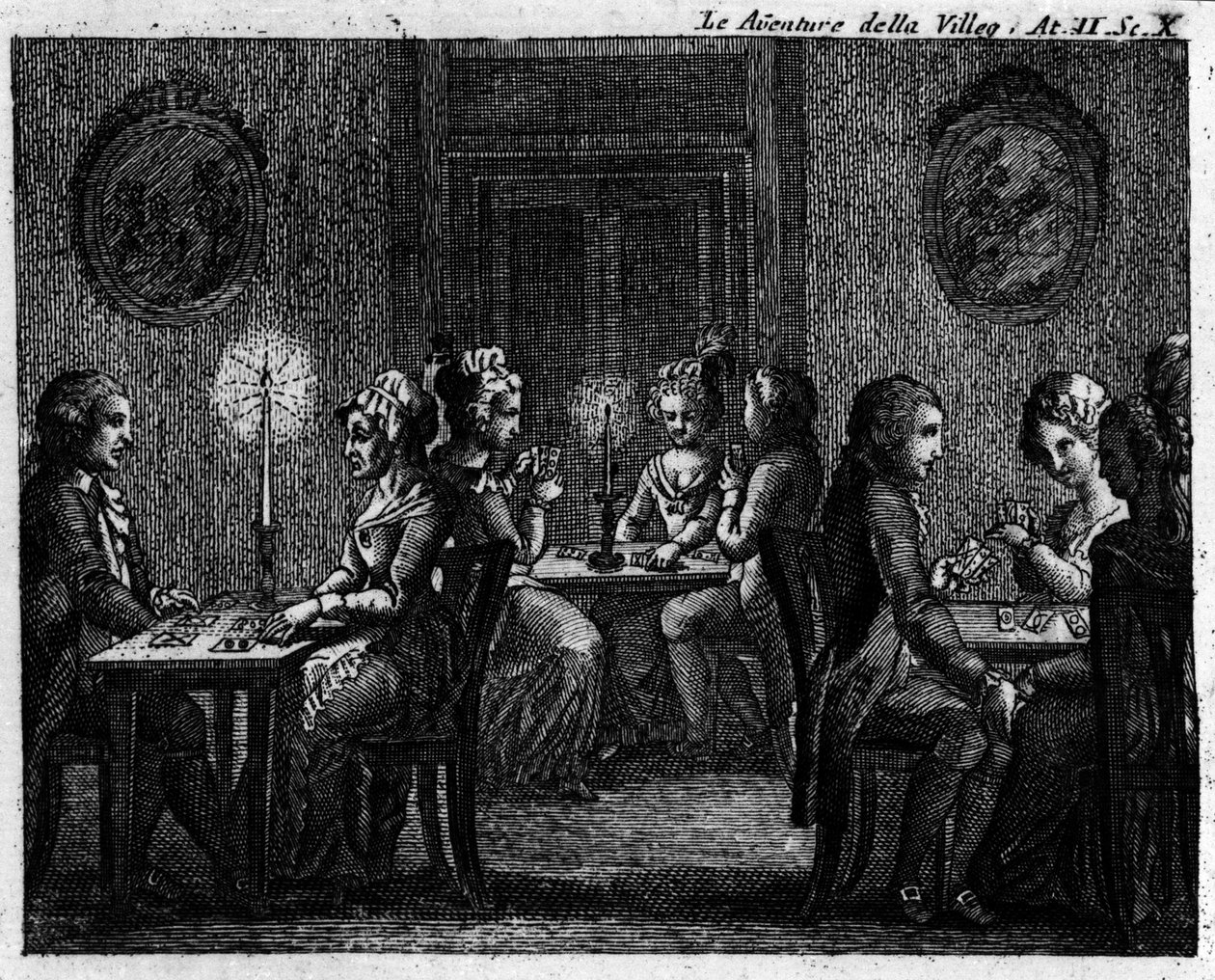 Szene 10 des zweiten Akts des Lustspiels „Die Abenteuer der Stadt“ (1756) von Carlo Goldoni (1707-1793): Spieltische von Italian School