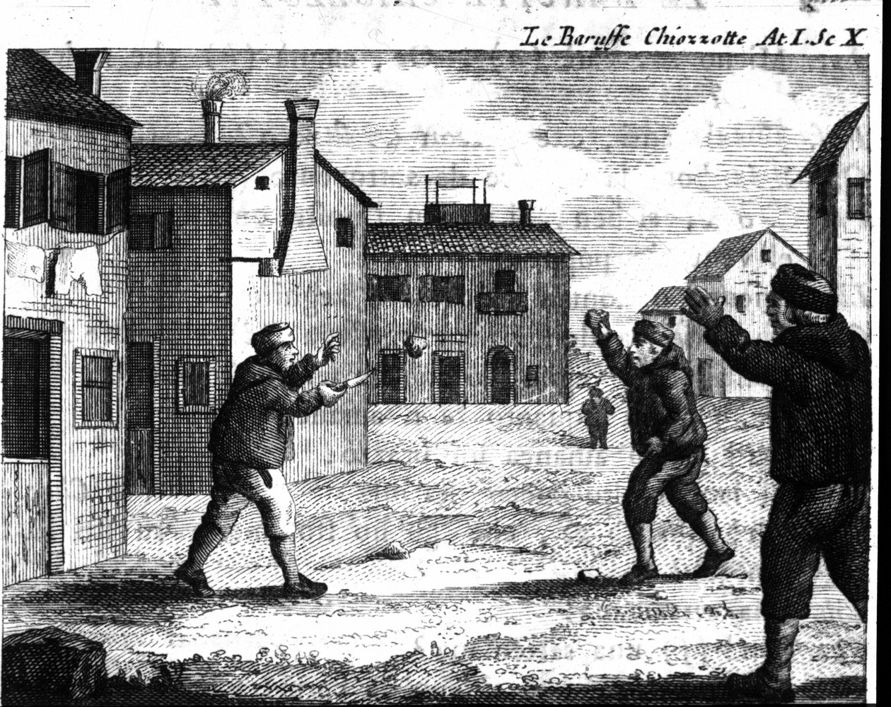 Szene 10 des 1. Akts des Lustspiels „Le baruffe chiozzotte“ (Streit in Chioggia) (1762) von Carlo Goldoni (1707-1793). Gravur aus dem 18. Jahrhundert von Italian School