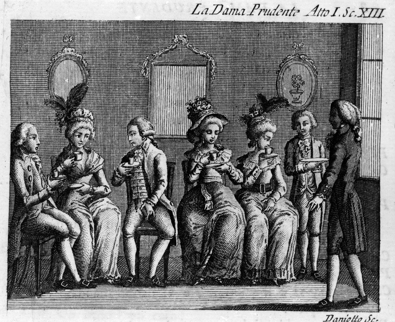 Szene 13 aus Akt I des Lustspiels „La dama prudente“ (Die kluge Frau) (1751) von Carlo Goldoni. Gravur aus dem 18. Jahrhundert von Italian School