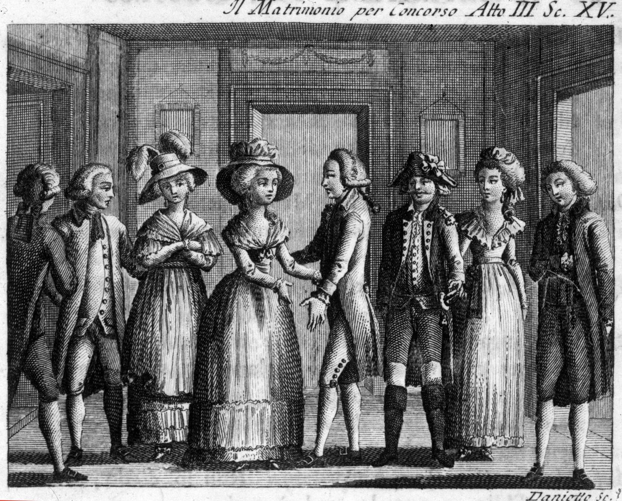 Szene 15 des 3. Akts des Lustspiels "Il matrimonio per concorso" von Carlo Goldoni (1707-1793). Gravur aus dem 18. Jahrhundert von Italian School