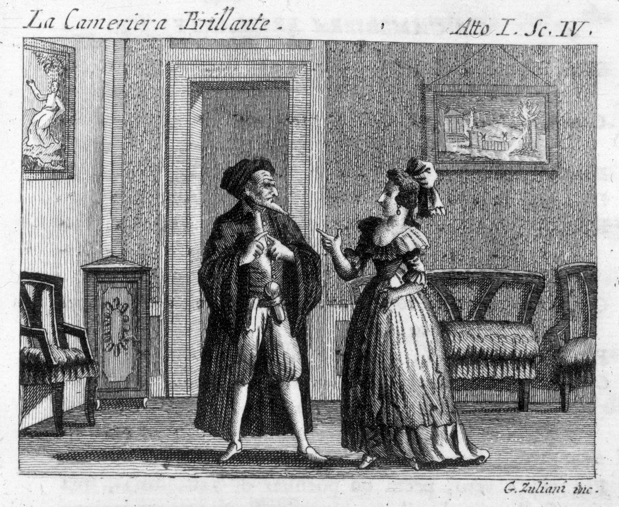 Szene 4 des 1. Akts des Lustspiels „La cameriera brillante“ (Die brillante Dienerin) (1754) von Carlo Goldoni (1707-1793): Spieltische. Gravur aus dem 18. Jahrhundert von Italian School