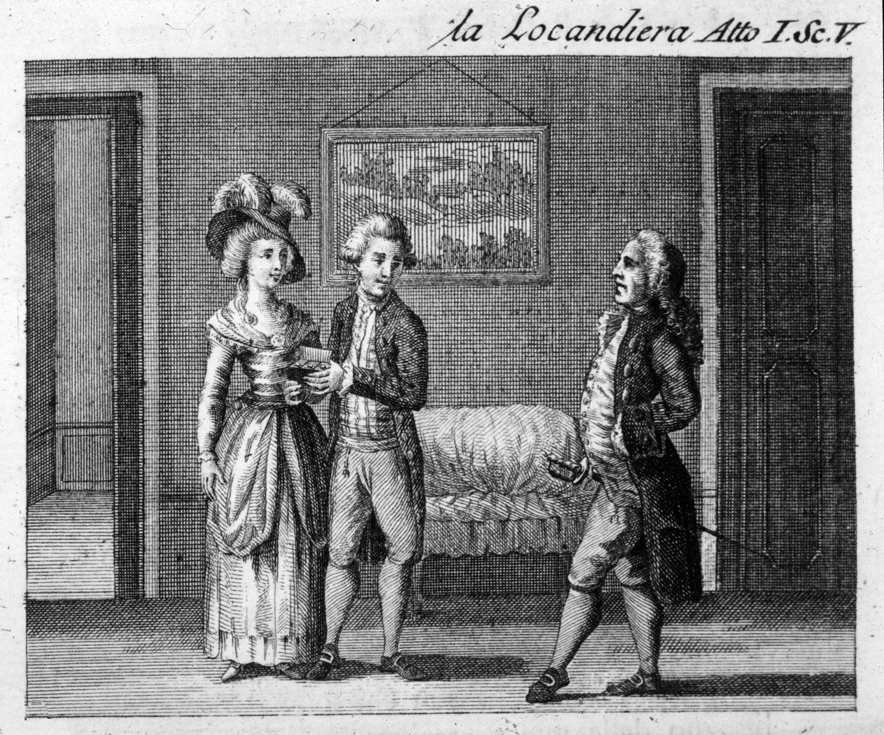 Szene 5 des 1. Akts des Stücks "La locandiera" (1753) von Carlo Goldoni (1707-1793). Gravur aus dem 18. Jahrhundert von Italian School