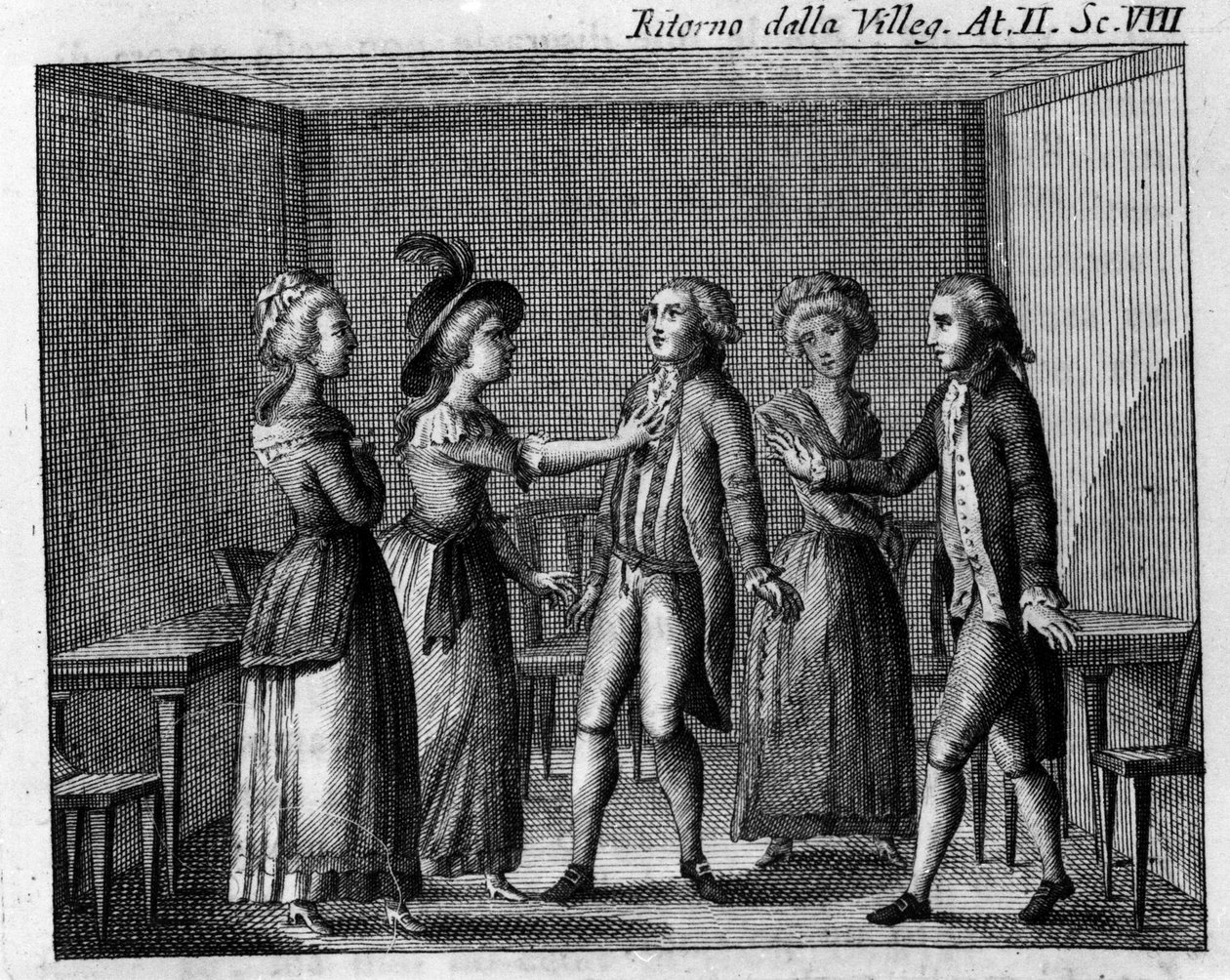 Szene 8 des 2. Akts des Lustspiels „Ritorno della villeggiatura“ (Rückkehr aus dem Urlaub) (1761) von Carlo Goldoni (1707-1793). Gravur aus dem 18. Jahrhundert von Italian School