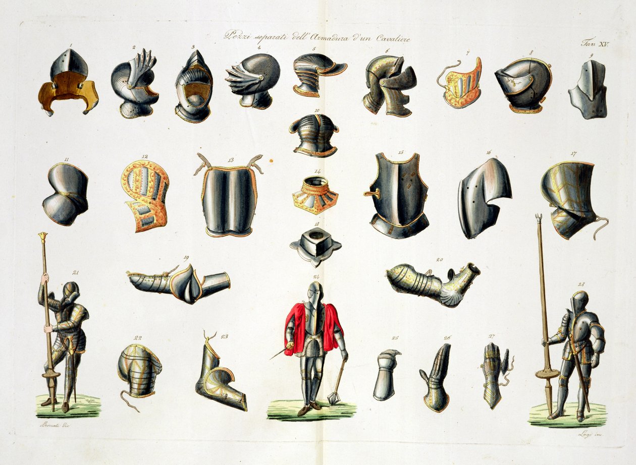 Einzelne Teile einer Ritterrüstung, Tafel 15 aus The History of the Nations, graviert von G. Lago von Italian School
