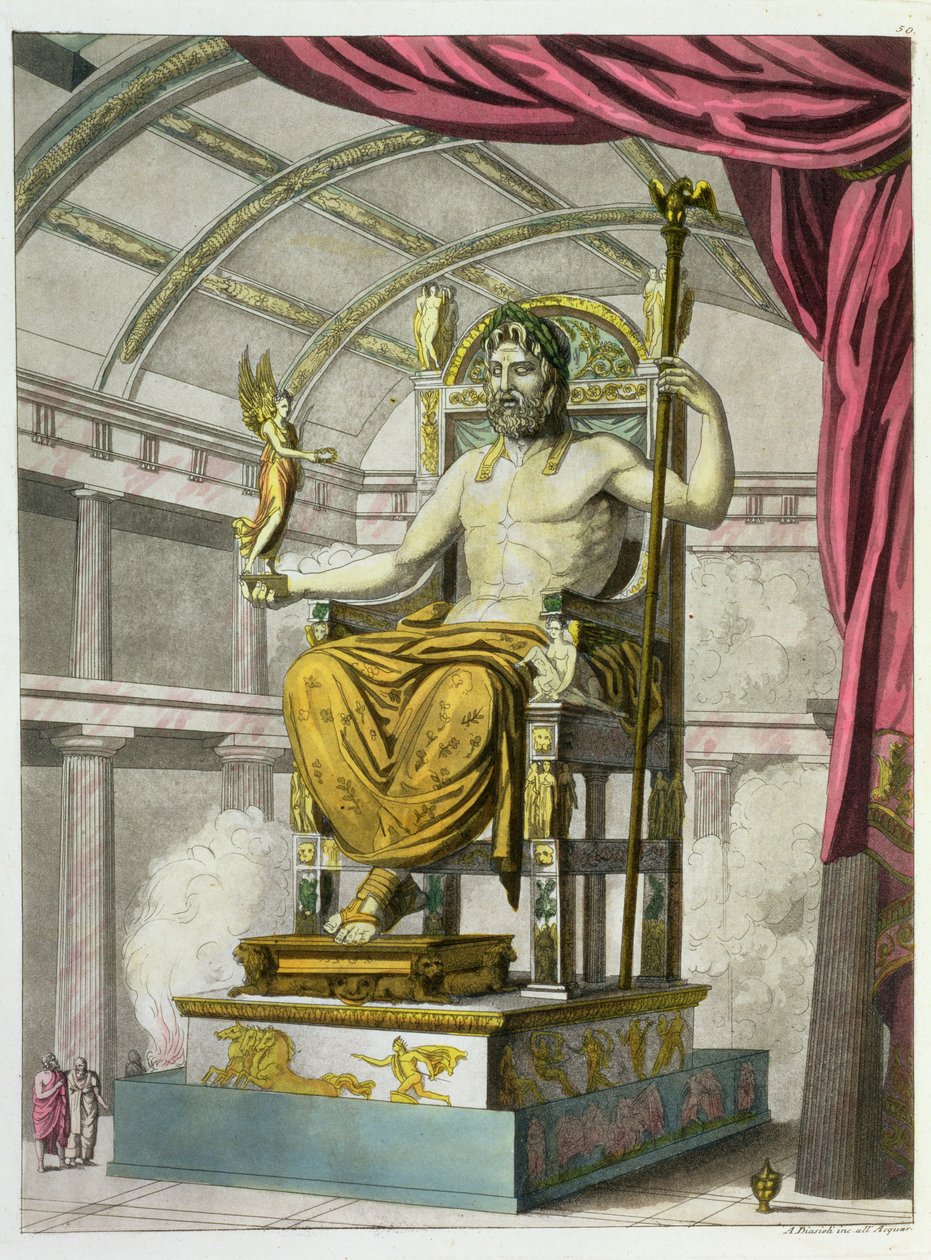 Statue des Jupiter in einem Tempel, aus Costumi dei Romani, graviert von Angelo Biasioli (1790-1830), ca. 1805-20 (Aquatinta) von Italian School