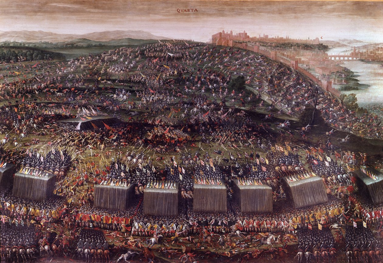 Die Schlacht am Weißen Berg während des Dreißigjährigen Krieges (Deutschland 1620), die Böhmen unter der Führung von Friedrich V. gegen die Heilige Liga. Ölmalerei. Rom, Kirche St. Maria vom Sieg von Italian School