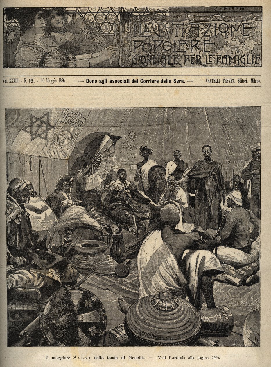 Der Erste Italienisch-Äthiopische Krieg (1895-1896). Major Tommaso Salsa und Hauptmann Annibale Anghera vor dem Kaiser von Äthiopien Menelik II (1844-1913) - Gravur aus „illustrazione popolare - giornale per le famiglie - 1896“ von Italian School