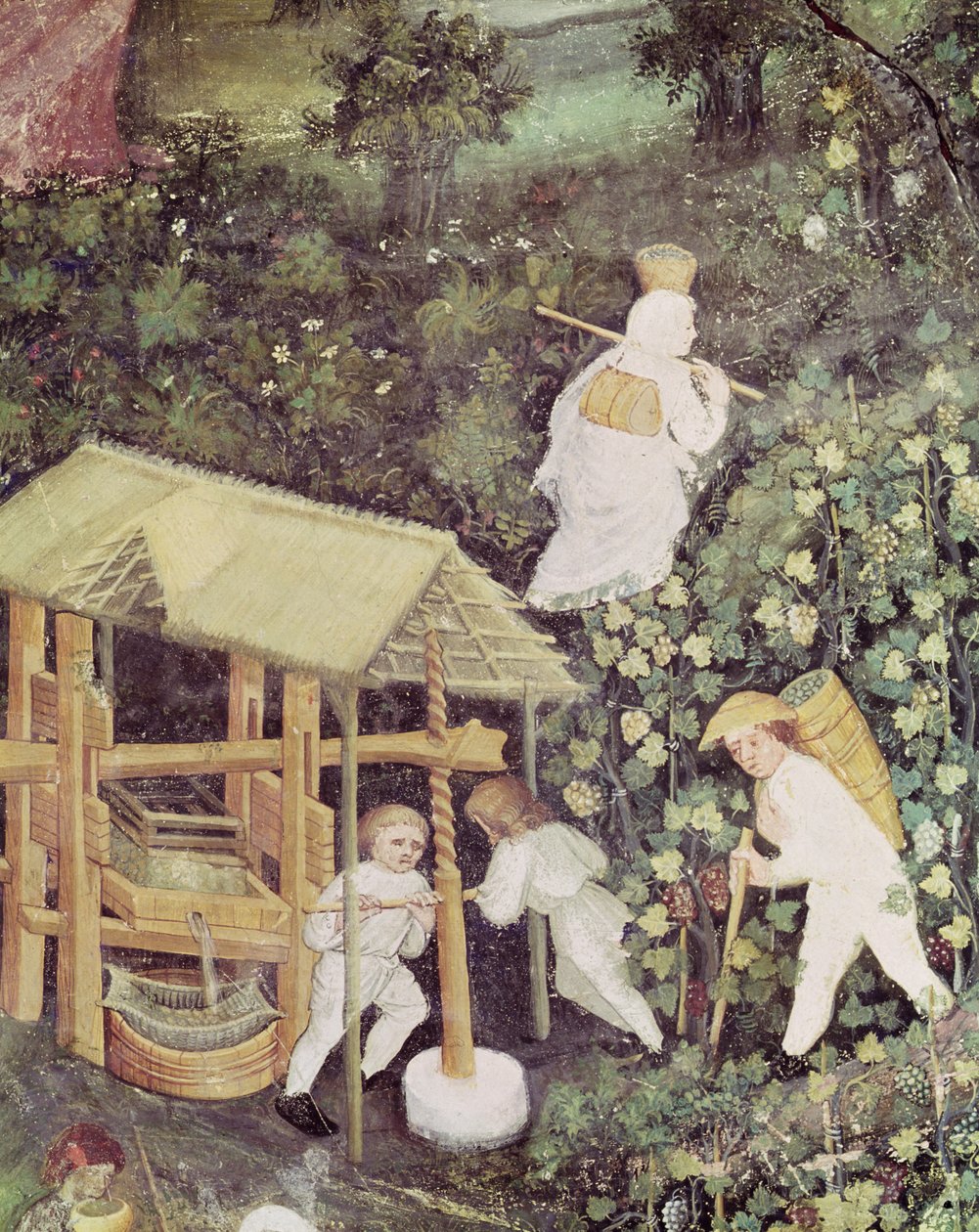 Der Monat Oktober, Detail der Traubenpflücker beim Traubenpressen, ca. 1400 von Italian School