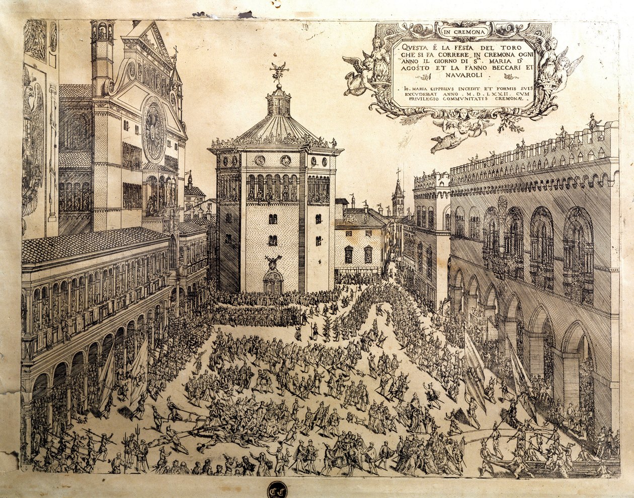 Das Stierfest auf dem großen Platz von Cremona in Italien. Gravur des 16. Jahrhunderts Cremona, Museo Civico Italien von Italian School