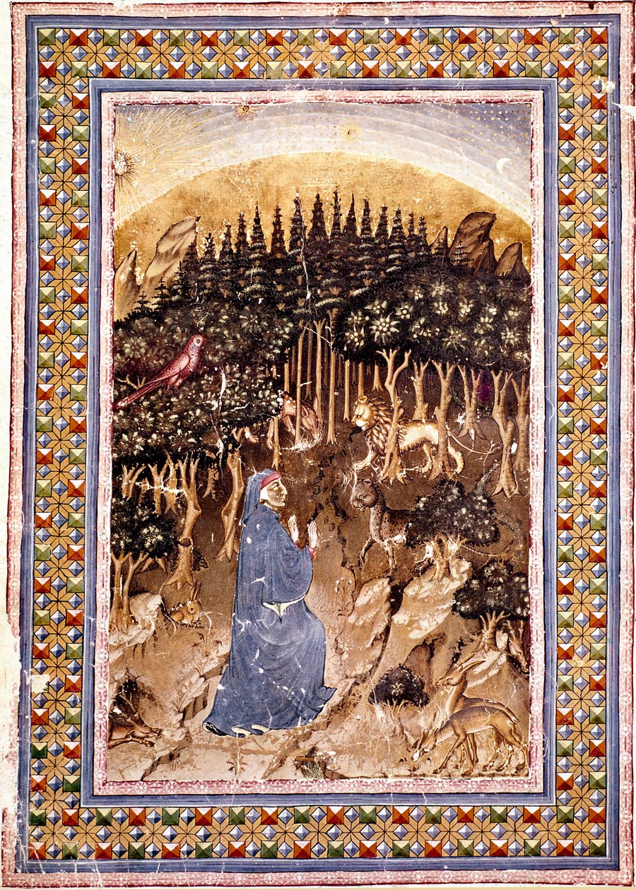 Der Dichter Dante befindet sich in einem dunklen Wald. Illustrierte Seite des ersten Gesangs der Hölle aus der „Divina Commedia“ (Göttliche Komödie) von Dante Alighieri (1265-1321). Manuskript Ms. Conv. Soppr. 204 von Italian School