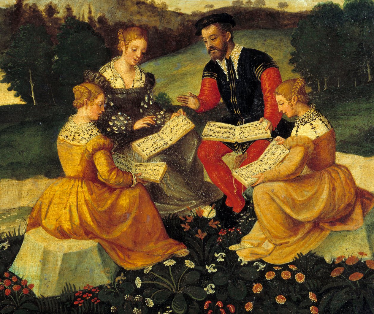 Das Vokalkonzert. Malerei der italienischen Schule. 16. Jahrhundert. Bourges, Hotel Lallemant - Das bukolische Konzert. Malerei der italienischen Schule. 16. Jahrhundert. Hotel Lallemant, Bourges, Frankreich von Italian School