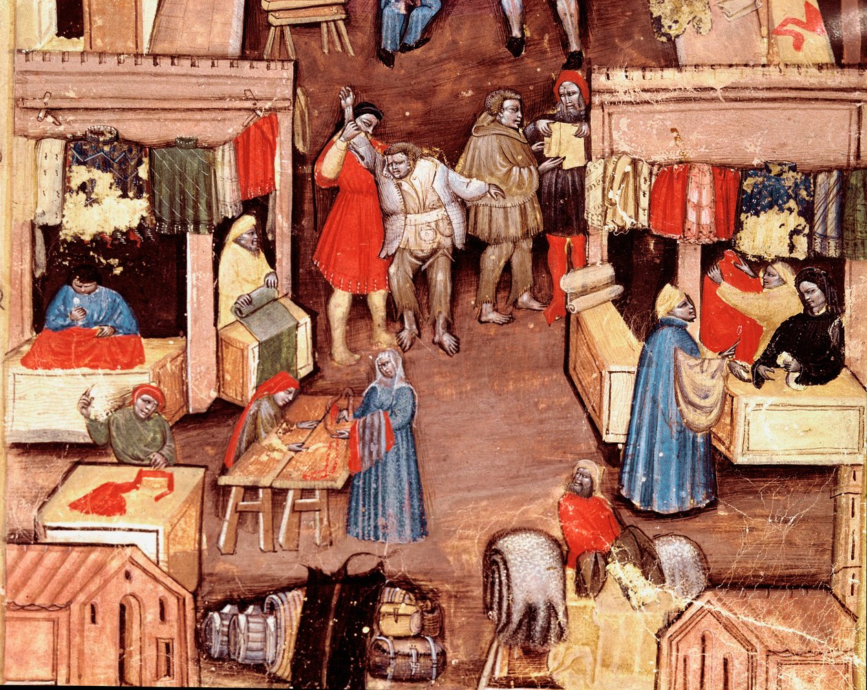 Der Spaziergang des Platzes Ravegnana in Bologna mit Tuchhändler von Italian School