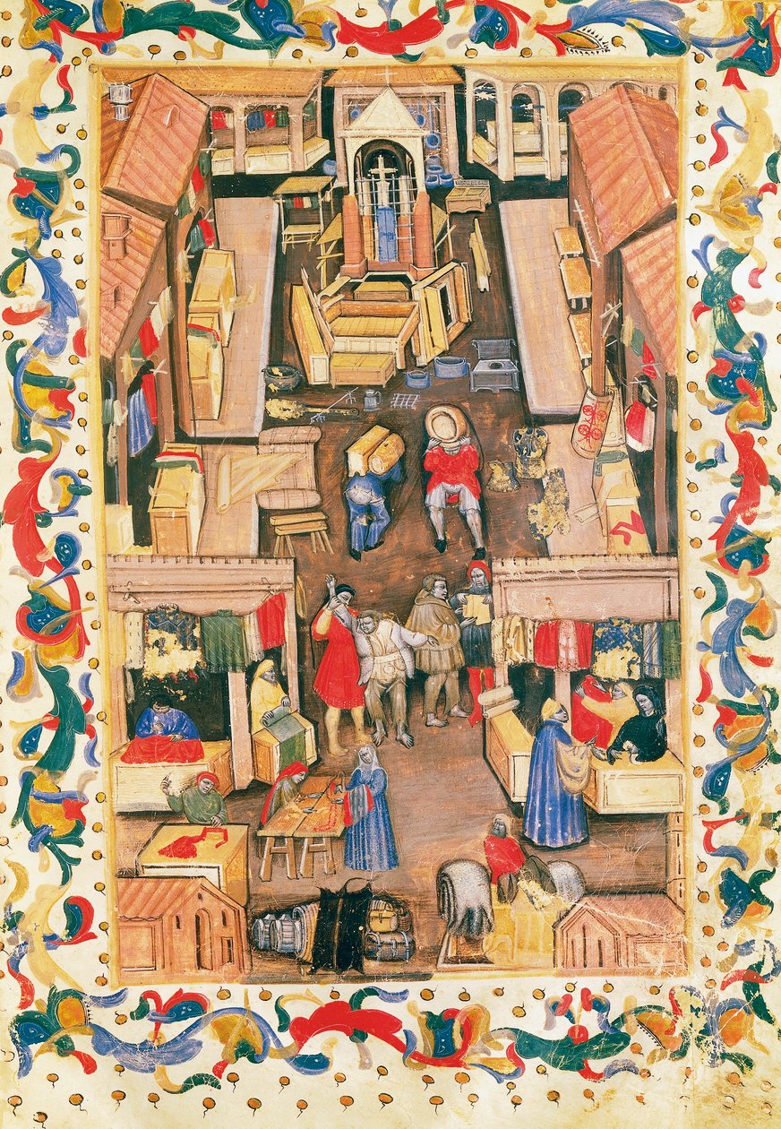 Der Spaziergang auf dem Platz Ravegnana in Bologna mit Tuchhändler von Italian School