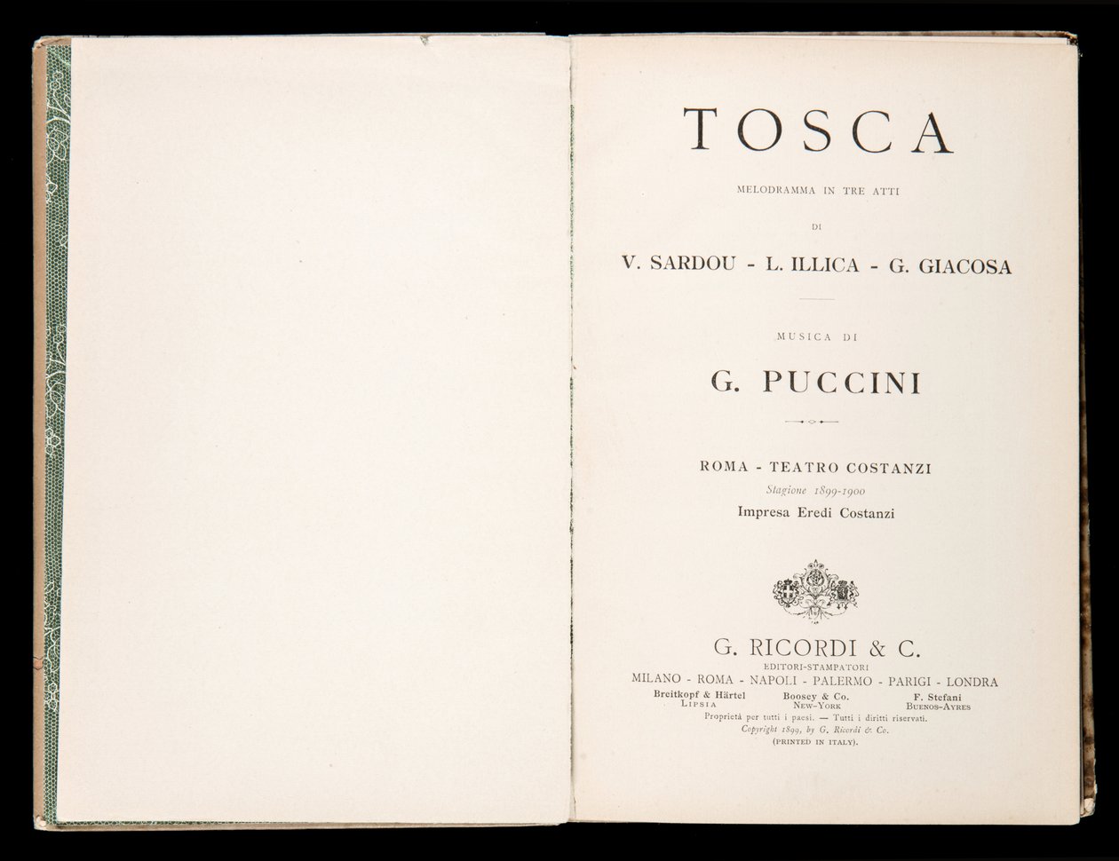 Titelseite, Libretto della Tosca, von Giacomo Puccini, Edizione Ricordi, Italien von Italian School