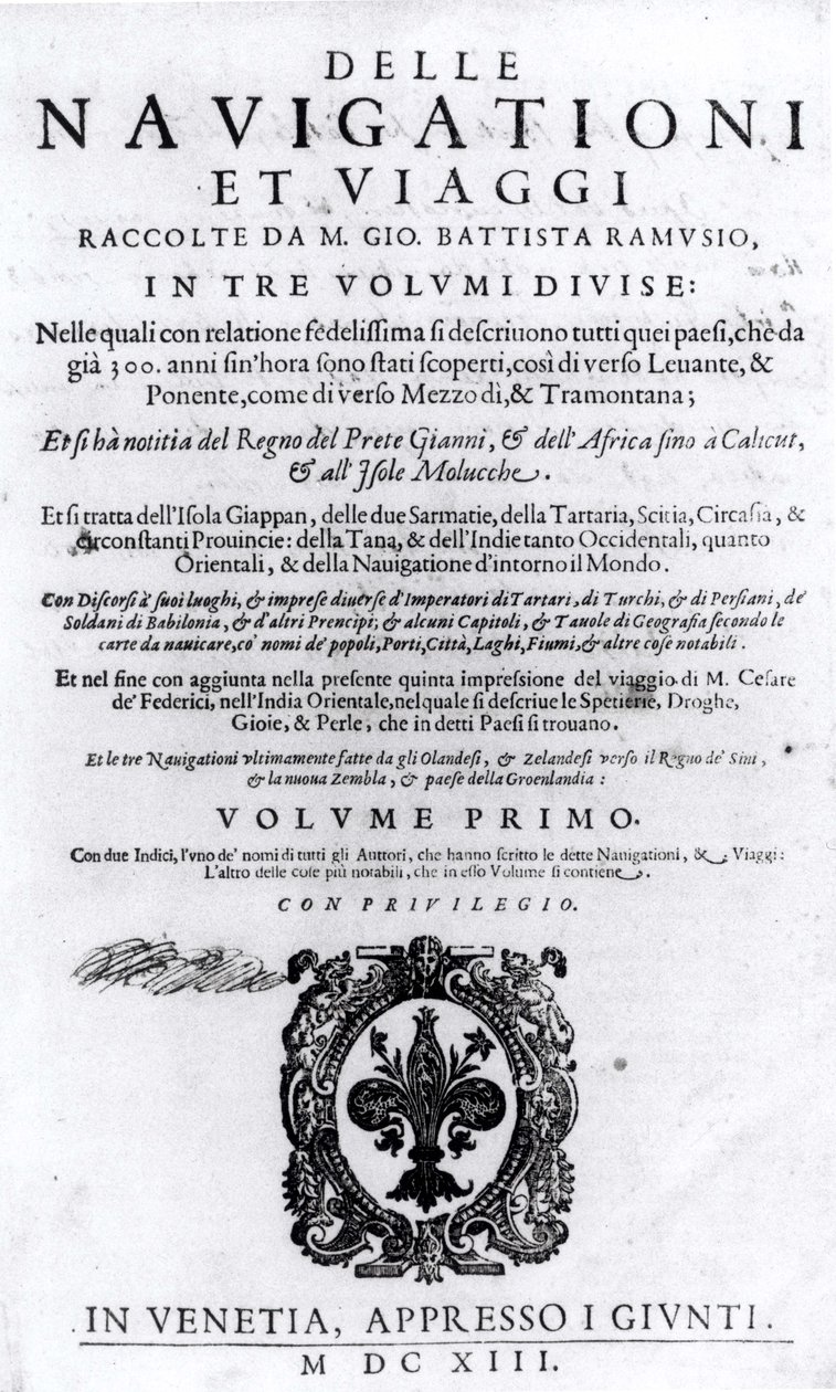 Titelseite von Band I von Delle Navigationi et Viaggi von Giovanni Ramusio (1485-1557), veröffentlicht 1613 von Italian School