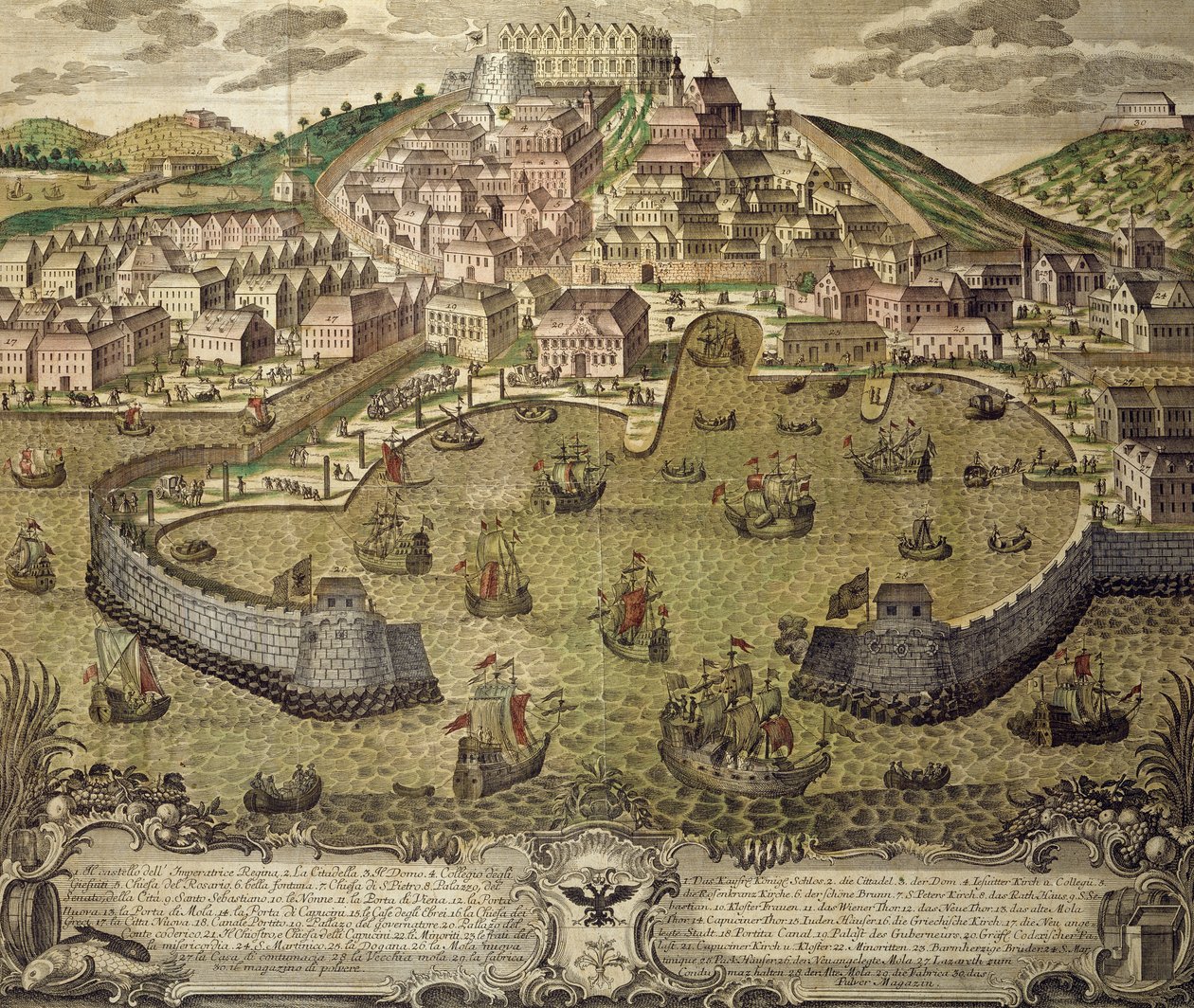 Stadt Triest und ihr Freihafen, farbige Gravur, Italien von Italian School