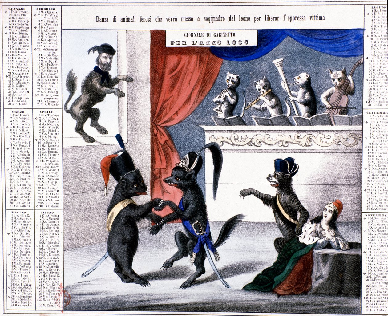 Einheit Italiens: allegorischer Kalender des Jahres 1865: Karikatur, die den Löwen Giuseppe Garibaldi zeigt, wie er sich darauf vorbereitet, auf die französische Maus und den österreichischen Fuchs zu springen, um Italien zu befreien. Die Musiker sind Katz von Italian School