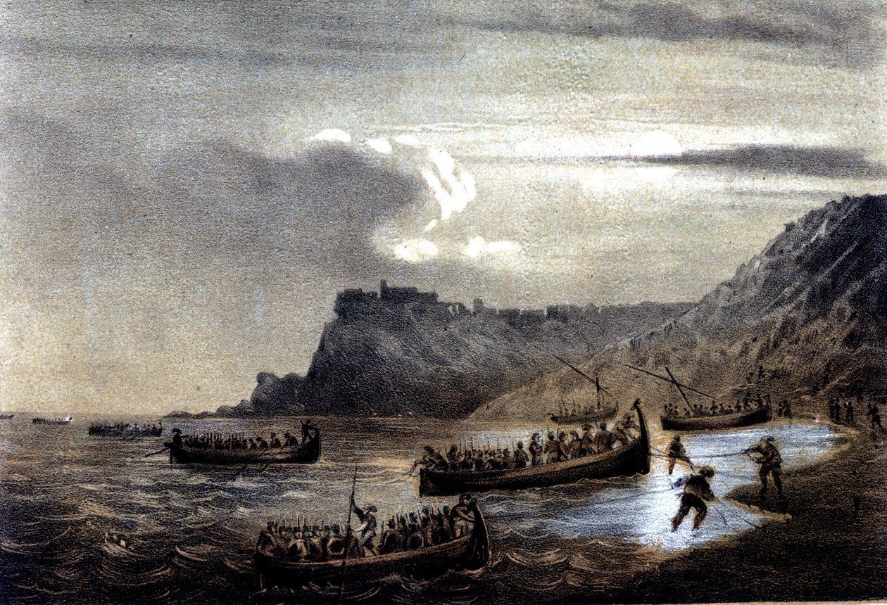 Einheit Italiens: Expedition der Tausend oder Rothemden unter der Führung von Giuseppe Garibaldi (1807-1882). Die Abfahrt der ersten Flotte der Garibaldianer nach Kalabrien bei Fort Stella. Lithographie aus dem 19. Jahrhundert von Italian School