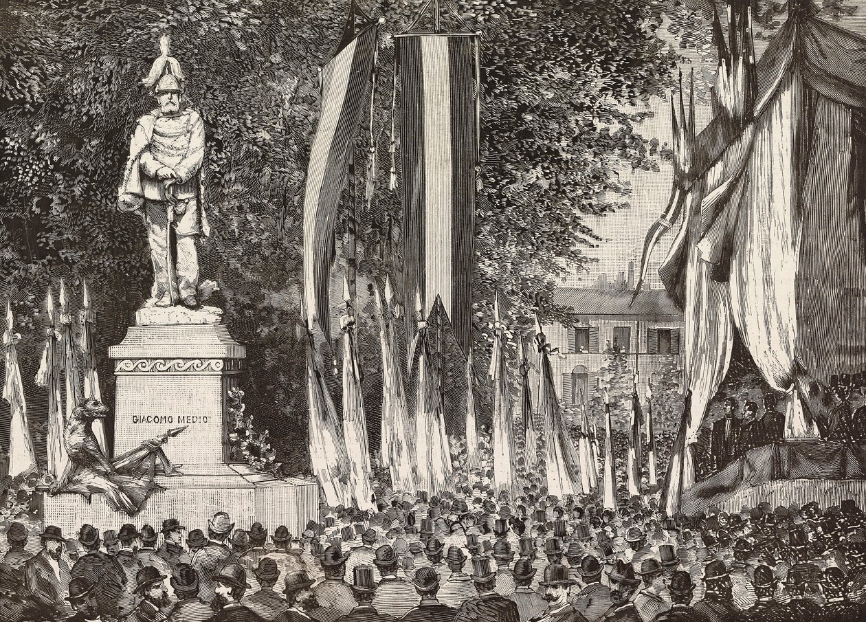 Enthüllung des Denkmals für General Giacomo Medici, Mailand, Italien, Gravur nach einer Zeichnung von Edoardo Ximenes nach einem Foto von Rossi, aus L