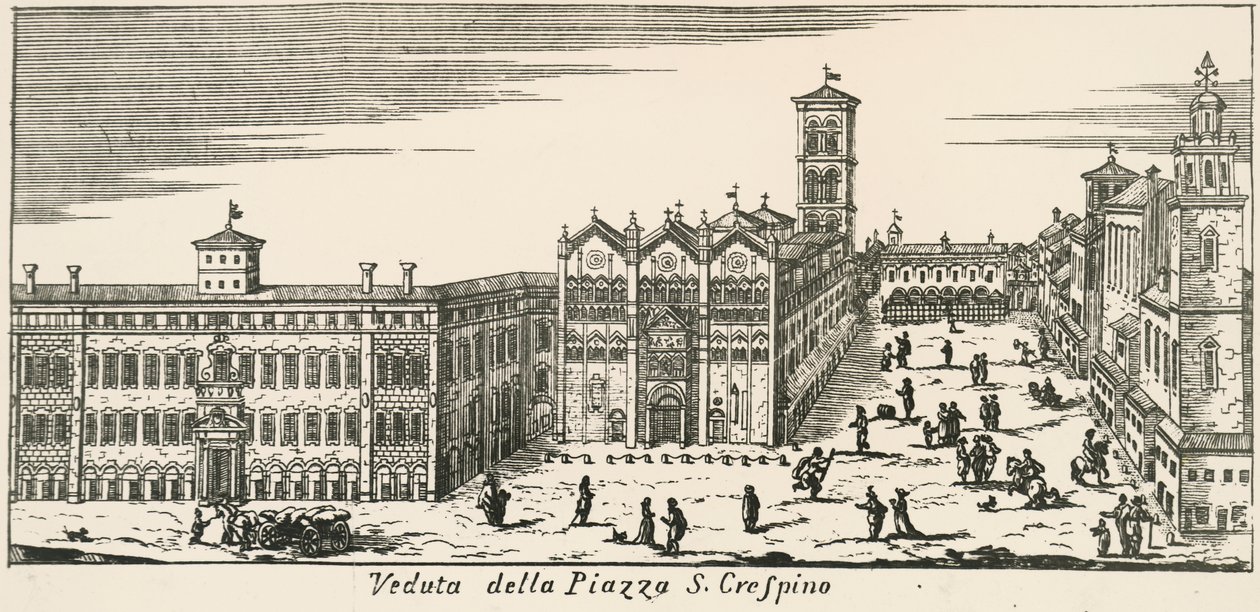 Ansicht der Piazza San Crispino und der Kathedrale von Ferrara, Gravur, Italien von Italian School