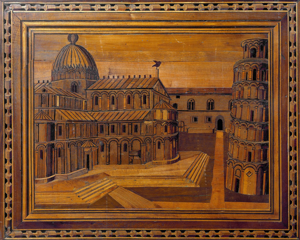 Ansicht der Kathedrale von Pisa (Duomo di Santa Maria Assunta di Pisa) und des Schiefen Turms (Torre Pendente) auf der Piazza dei Miracoli. Intarsienarbeit des 15. Jahrhunderts. Aufbewahrt im Presbyterium der Kathedrale, Pisa von Italian School