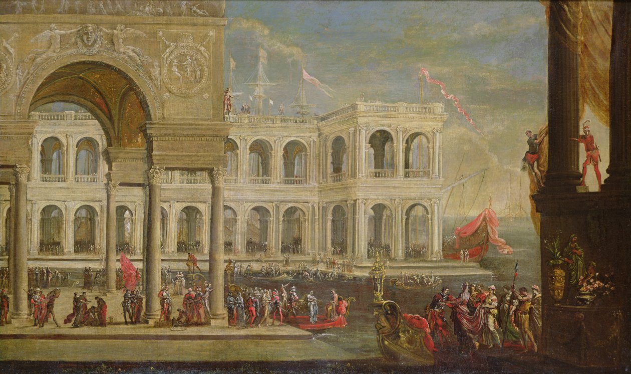 Ansicht des Palastes und Königin Johanna I. von Neapel von Italian School