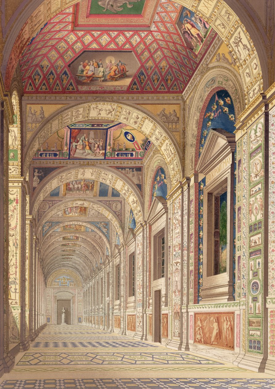 Ansicht der Loggia im zweiten Stockwerk im Vatikan, mit Dekoration von Raphael, aus Delle Loggie di Rafaele nel Vaticano, veröffentlicht als lose Blätter in der Ausgabe von 1814 (handkolorierter Stich) von Italian School
