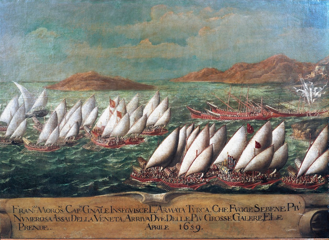 Krieg von Candia (Kreta): Die venezianische Flotte während der Kampagne von Doge Francesco Morosini gegen die Türken im Jahr 1659. Gemälde der venezianischen Schule, 17. Jahrhundert von Italian School