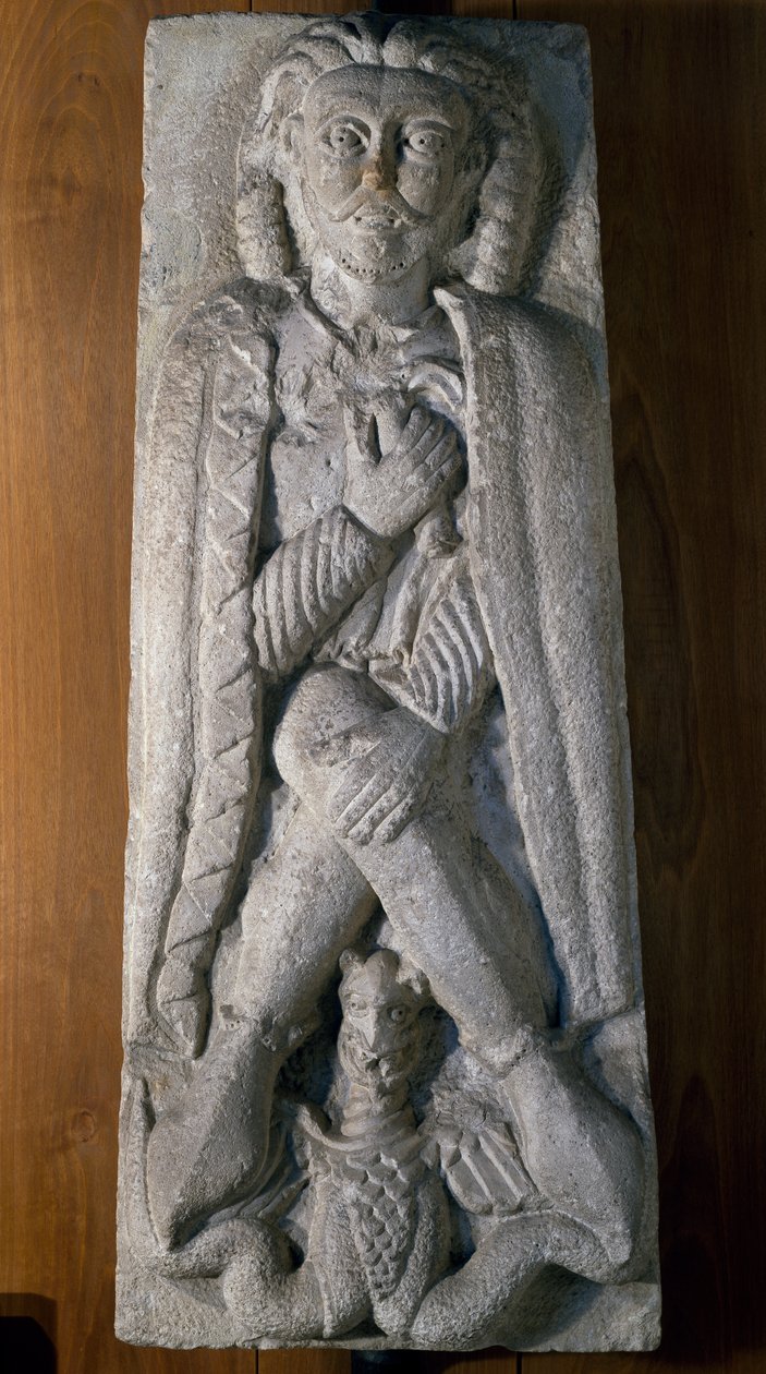 Krieger hockend mit Drache, Steinrelief, Italien von Italian School