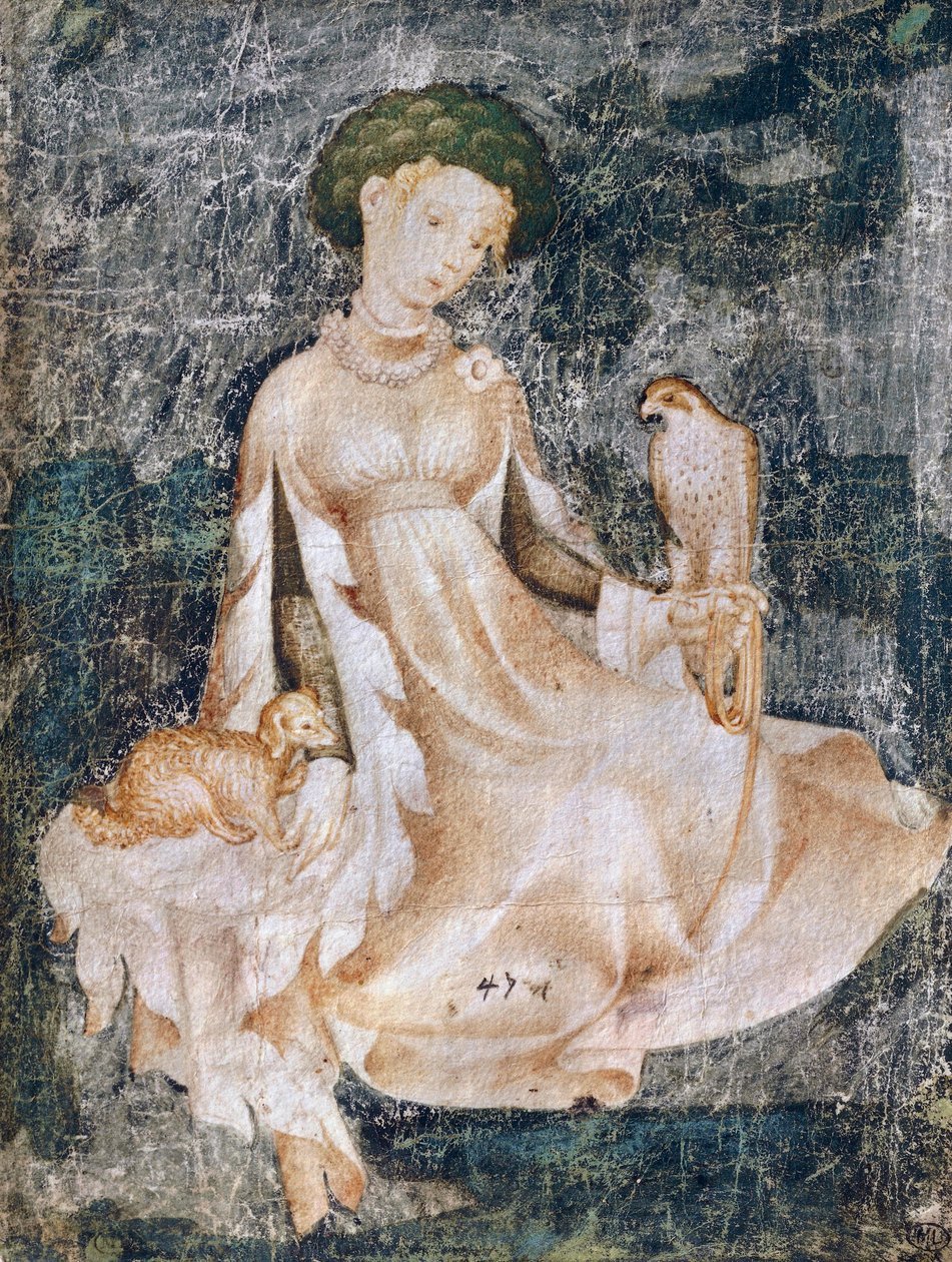 Frau sitzt auf dem Boden mit Hund und Falke von Italian School