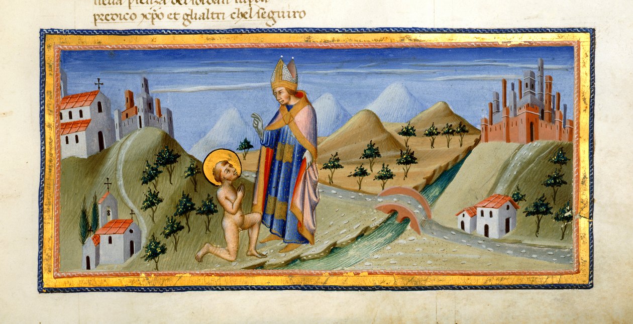 Die nackte Figur des Heiligen Franziskus erhält den Segen des Bischofs von Assisi, aus 